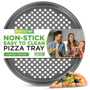 nutrichef 12.8 inch nonstick pizza pan for oven - carbon steel pizza baking tray with airflow holes - premium bakeware for fresh & frozen pizza, dishwasher safe - gray