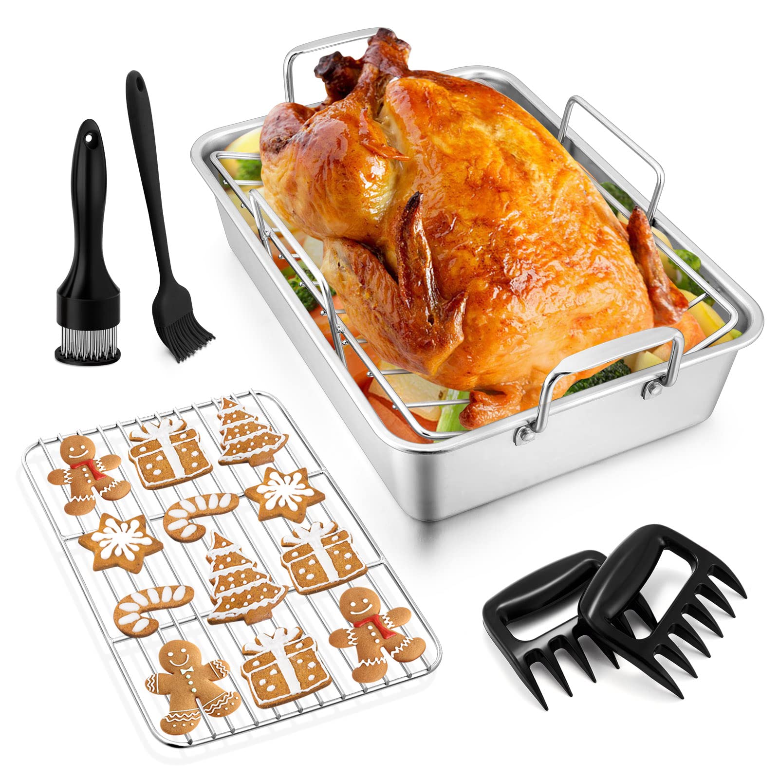 14 Inch Roasting Pan Set (7Pcs), Joyfair Stainless Steel Rectangular Turkey Roaster Baking Pan with V-Rack & Cooling Rack for Oven, Great for Thanksgiving Christmas Roast Chicken Meat Lasgana