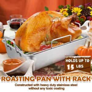 14 Inch Roasting Pan Set (7Pcs), Joyfair Stainless Steel Rectangular Turkey Roaster Baking Pan with V-Rack & Cooling Rack for Oven, Great for Thanksgiving Christmas Roast Chicken Meat Lasgana