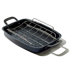 oxo obsidian pre-seasoned carbon steel, 15" x 10.5" roasting pan with stainless steel roaster rack, induction, black