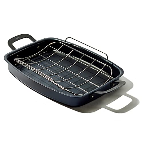 OXO Obsidian Pre-Seasoned Carbon Steel, 15" x 10.5" Roasting Pan with Stainless Steel Roaster Rack, Induction, Black