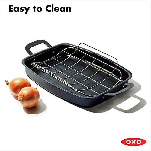 OXO Obsidian Pre-Seasoned Carbon Steel, 15" x 10.5" Roasting Pan with Stainless Steel Roaster Rack, Induction, Black