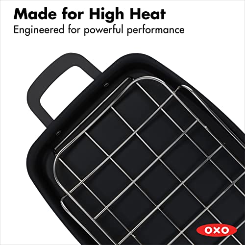 OXO Obsidian Pre-Seasoned Carbon Steel, 15" x 10.5" Roasting Pan with Stainless Steel Roaster Rack, Induction, Black