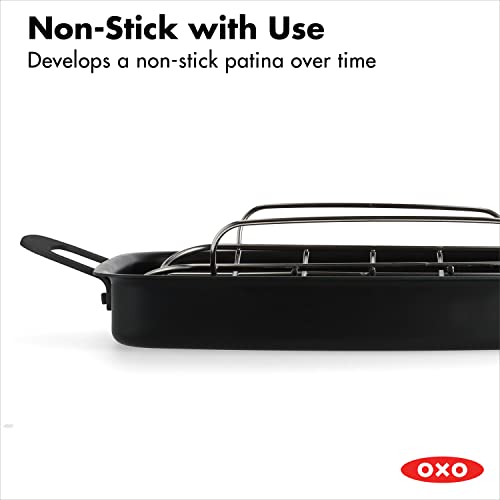 OXO Obsidian Pre-Seasoned Carbon Steel, 15" x 10.5" Roasting Pan with Stainless Steel Roaster Rack, Induction, Black