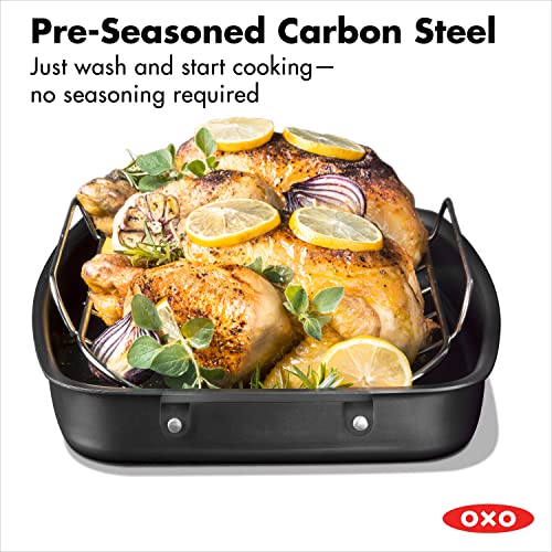 OXO Obsidian Pre-Seasoned Carbon Steel, 15" x 10.5" Roasting Pan with Stainless Steel Roaster Rack, Induction, Black
