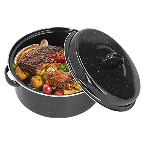 Roasting Pan with Lid, Enamel Oval Turkey Roaster Pan Black Covered Oval Roaster Pan for Turkey Small Chicken Barbucue and Sweet Potato