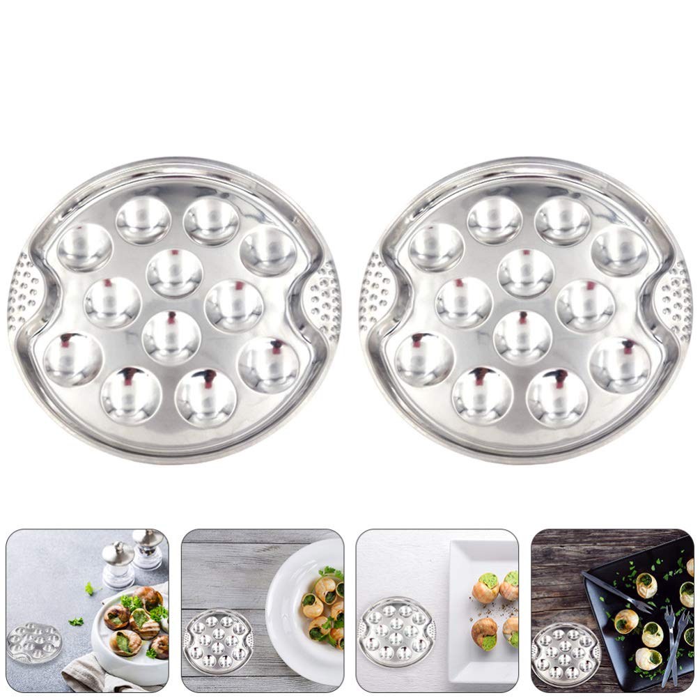 Hemoton 2pcs Stainless Steel Snail Mushroom Escargot Plate Dishes Escargot Round Baking Dish Escargot Dining Set with 12 Compartment Holes for Escargot Conch Snail Bake Pan