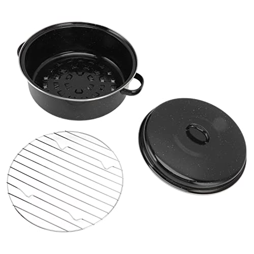 Roasting Pan with Rack and Lid, Stainless Steel Multi Use Roaster Pot Speckled Black Enamel on Steel Cookware(28cm)