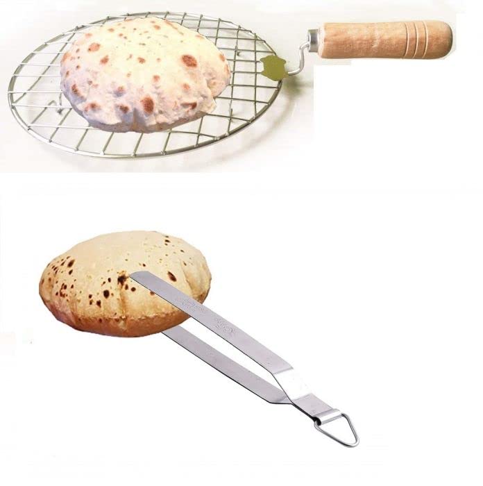 Steel Roasting Roti Jali Wooden Handle with Tong and Pincer Set Roaster,Cooking Rack,Papad Grill,Chapati Grill,Roaster,Food Tong (Round Jali with Wooden Handle)