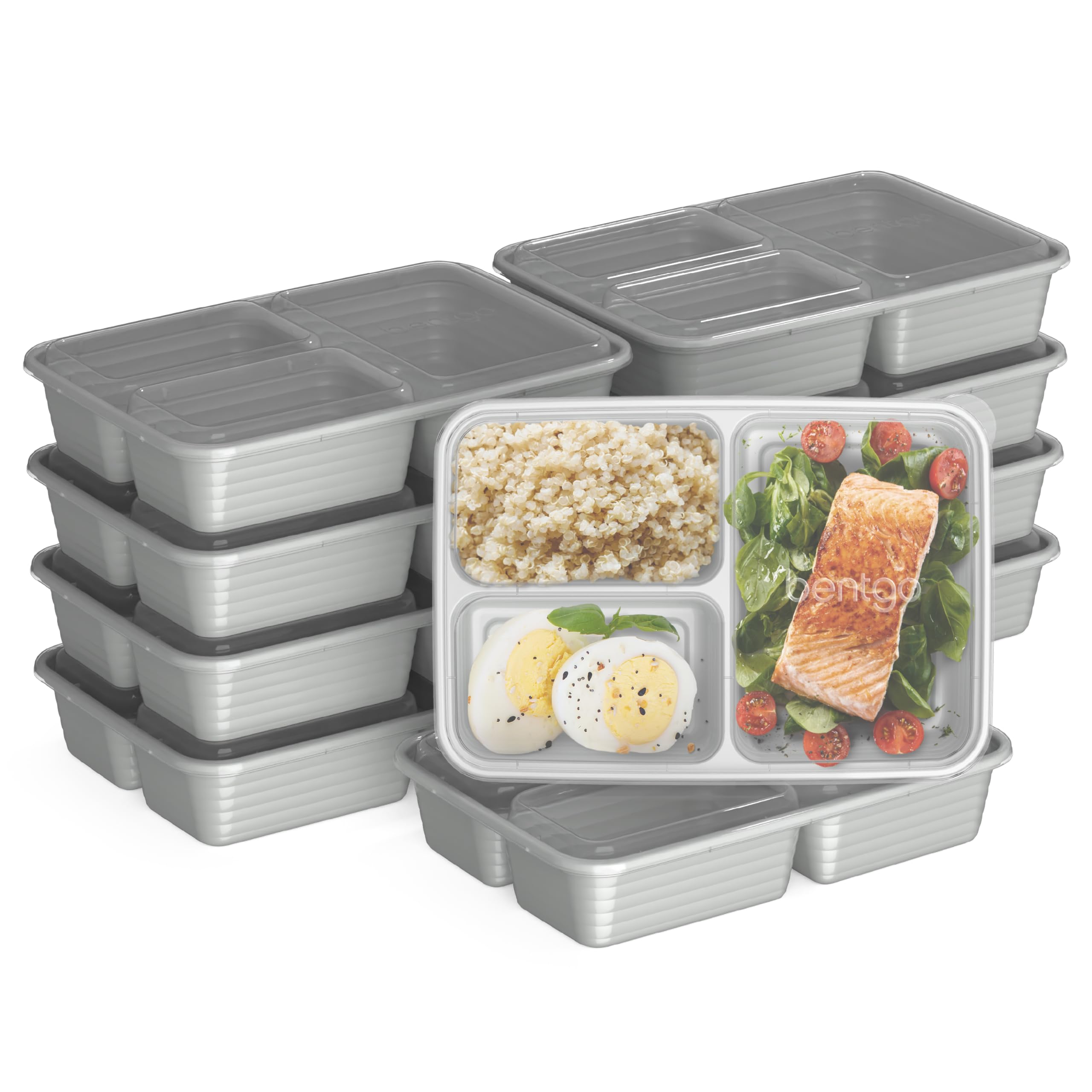 Bentgo® Prep 3-Compartment Containers - 20-Piece Meal Prep Kit with 10 Trays & 10 Custom-Fit Lids - Durable Microwave, Freezer, Dishwasher Safe Reusable BPA-Free Food Storage Containers (Silver)