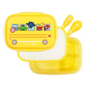yoobi x marvel avengers bento box and ice pack - 3 compartment kawaii lunch box w/fork & spoon, dishwasher & microwave safe food & snack container for kids & adults - bpa & pvc free, leakproof