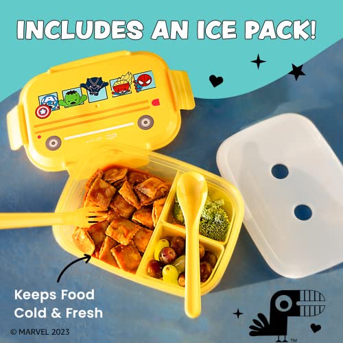 Yoobi x Marvel Avengers Bento Box and Ice Pack - 3 Compartment Kawaii Lunch Box w/Fork & Spoon, Dishwasher & Microwave Safe Food & Snack Container for Kids & Adults - BPA & PVC Free, Leakproof