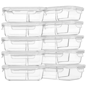 homberking 10 pack glass meal prep containers 2 compartment, food storage containers with lids, airtight lunch bento boxes (10 lids & 10 containers) - white