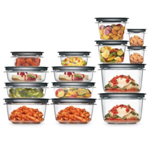 rubbermaid 28-piece food storage containers with snap bases for easy organization and lids for lunch, meal prep, and leftovers, dishwasher safe, clear/grey