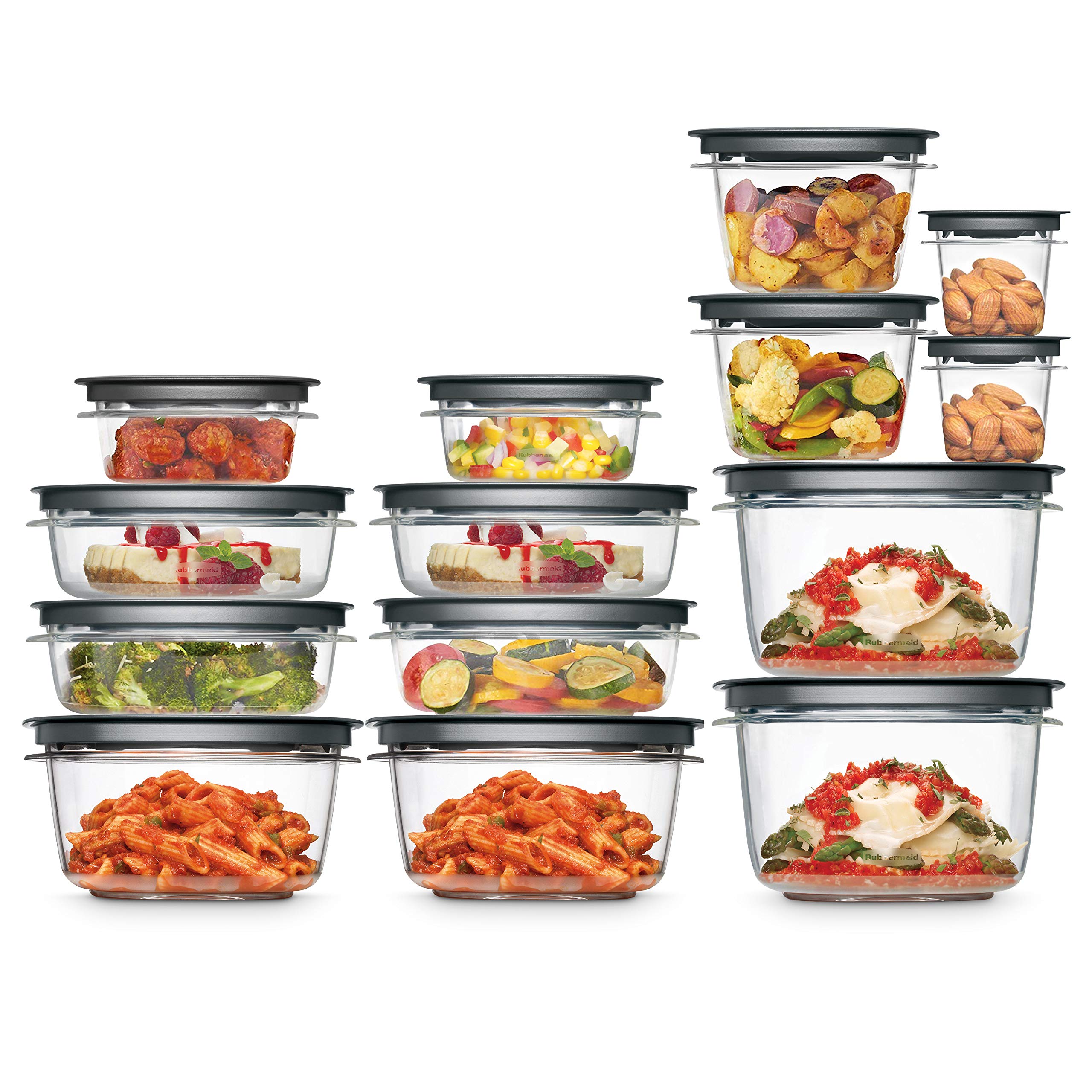 Rubbermaid 28-Piece Food Storage Containers with Snap Bases for Easy Organization and Lids for Lunch, Meal Prep, and Leftovers, Dishwasher Safe, Clear/Grey