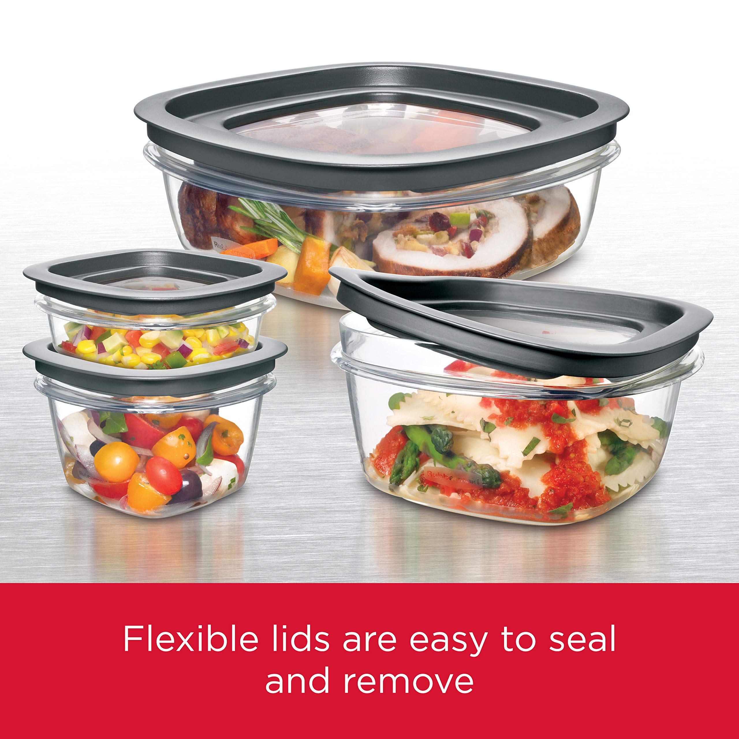 Rubbermaid 28-Piece Food Storage Containers with Snap Bases for Easy Organization and Lids for Lunch, Meal Prep, and Leftovers, Dishwasher Safe, Clear/Grey