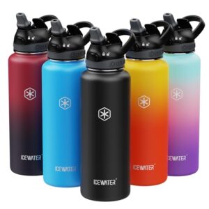 icewater - 40 oz insulated water bottle with auto straw lid and carry handle, leakproof lockable lid with soft silicone spout, one-hand operation, vacuum stainless steel, bpa-free (40 oz, black)