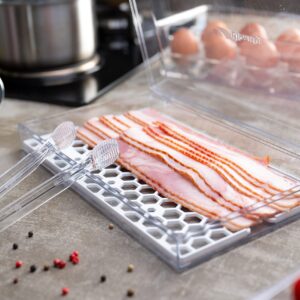 Pikanty - Bacon Container for Refrigerator | Fridge Storage and Deli Meat Keeper with Food Serving Tongs and Drain Plate | Dishwasher Safe | Made in USA