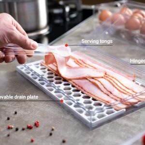 Pikanty - Bacon Container for Refrigerator | Fridge Storage and Deli Meat Keeper with Food Serving Tongs and Drain Plate | Dishwasher Safe | Made in USA