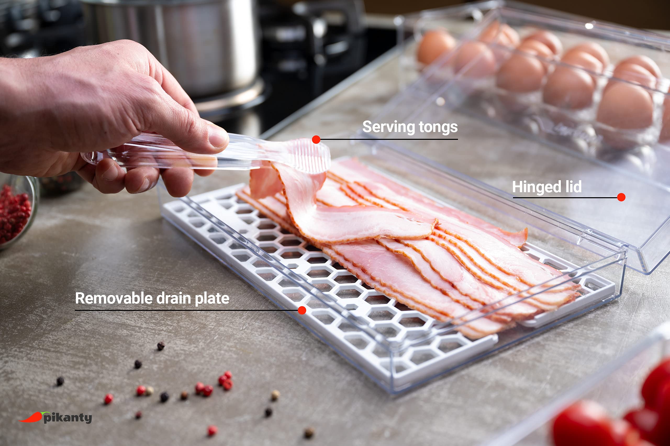 Pikanty - Bacon Container for Refrigerator | Fridge Storage and Deli Meat Keeper with Food Serving Tongs and Drain Plate | Dishwasher Safe | Made in USA