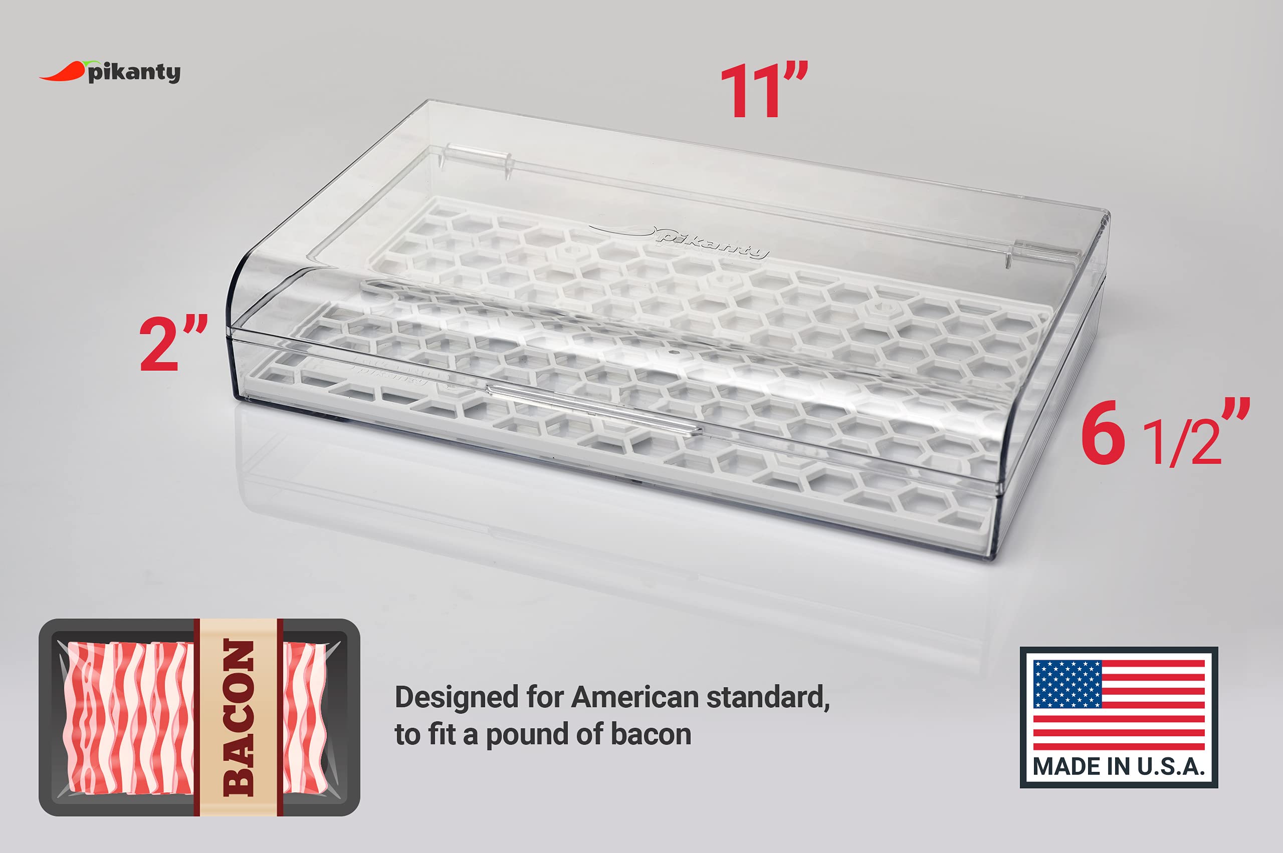 Pikanty - Bacon Container for Refrigerator | Fridge Storage and Deli Meat Keeper with Food Serving Tongs and Drain Plate | Dishwasher Safe | Made in USA