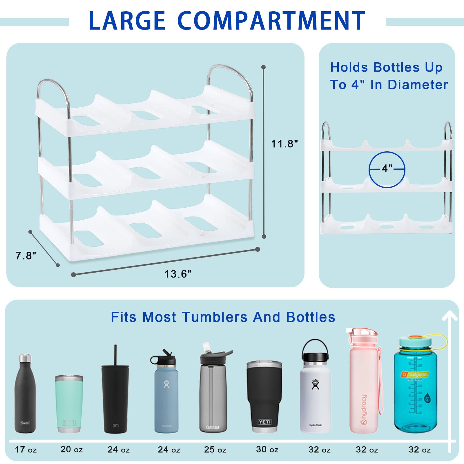 [ Large Compartment ] 3 Tier Stackable Water Bottle Organizer for Cabinet - 9 Bottle Holder Rack for Tumblers, Cups, Wine Bottles - Home Storage, Kitchen Organization Shelf for Countertop, Cupboard