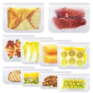 watotgafer reusable food storage bags, 10 pack bpa free reusable freezer bags, extra thick leakproof food grade silicone lunch food bags for meat veggies 2 gallon bags 4 sandwich bags 4 snack bags