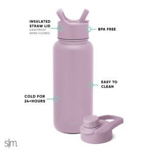 Simple Modern Water Bottle with Straw and Chug Lid Vacuum Insulated Stainless Steel Metal Thermos Bottles | Reusable Leak Proof BPA-Free Flask for Sports, Gym | Summit Collection | 32oz, Lavender Mist