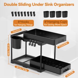 Warmodern 2 Pack Double Sliding Bathroom Cabinet Organizer, 2 Tier Under Sink Organizers And Storage, Bathroom Sink Organizer Baskets with 8 Hooks and 4 Hanging Cups, Under Sink Storage for Kitchen