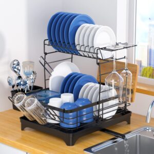 bronypro dish drying rack, 2 tier dish drying rack for kitchen counter, extra large dish strainer with drainboard, dish organizer with drying board, utensil holder, cup rack, black