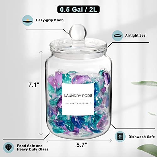 Mustry Glass Jars for Laundry Room Organization Jars Half Gallon Laundry Storage Glass Containers with Labels Organization with Lid for Laundry Detergent Laundry Pods Container, 2 Jars