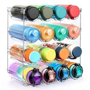 water bottle organizer, 4 packs stackable plastic water bottle cup holder, wine/drink/water bottle storage stand for kitchen countertop, cabinet, freezer, pantry, office, total holds 16 containers