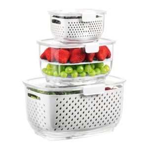 luxear fresh produce vegetable fruit storage containers 3piece set, bpa-free, partitioned salad container, fridge organizers, used in storing fruits vegetables, white