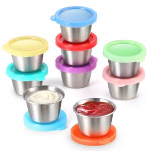 9x2.5 oz salad dressing container to go, fits in bento box for lunch, 18/8 stainless steel condiment containers with lids, easy open, leakproof reusable small dipping sauce cups(colorful)