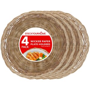stock your home 10-inch bamboo paper plate holder (4 count) - heavy duty wicker reusable natural charger plates