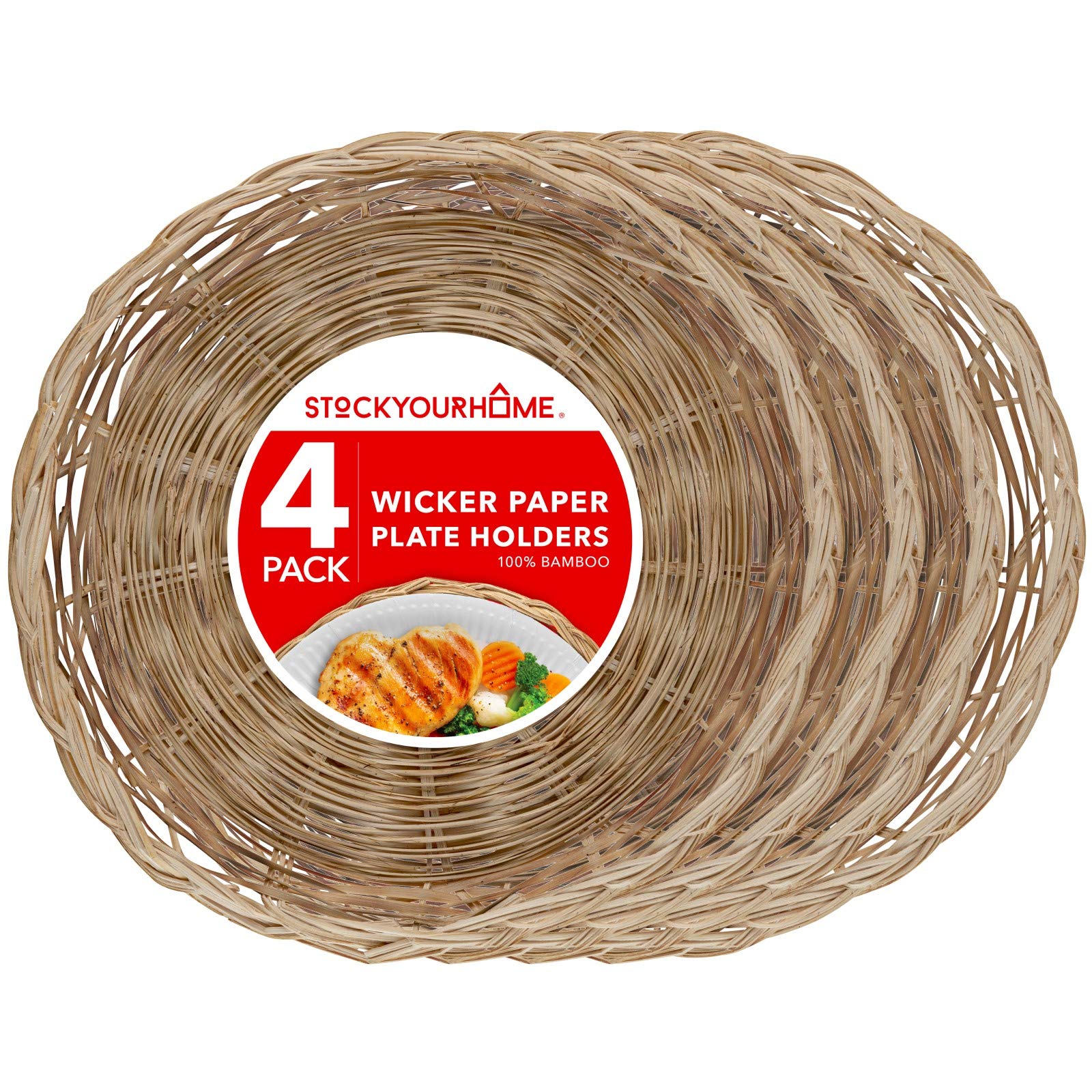 Stock Your Home 10-Inch Bamboo Paper Plate Holder (4 Count) - Heavy Duty Wicker Reusable Natural Charger Plates