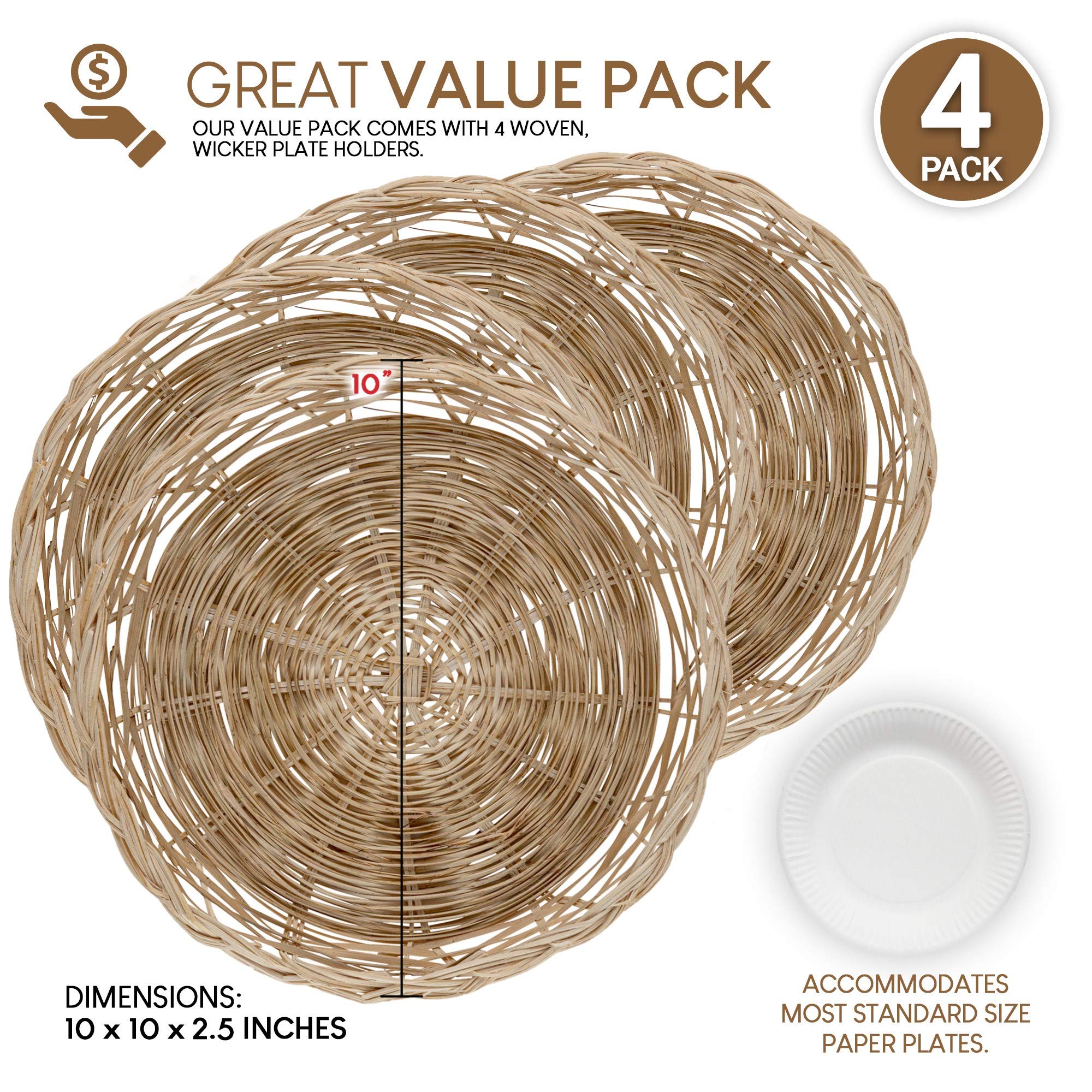 Stock Your Home 10-Inch Bamboo Paper Plate Holder (4 Count) - Heavy Duty Wicker Reusable Natural Charger Plates