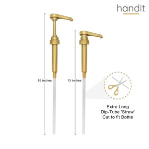 HANDIT - Gold Coffee Syrup Commercial Beverage Dispenser Pumps | Fits Liter 750ml / 25-4oz Syrups Torani, DaVinci, Jordan's Skinny (Monin 33.8oz Plastic Bottles) (6 Pack)