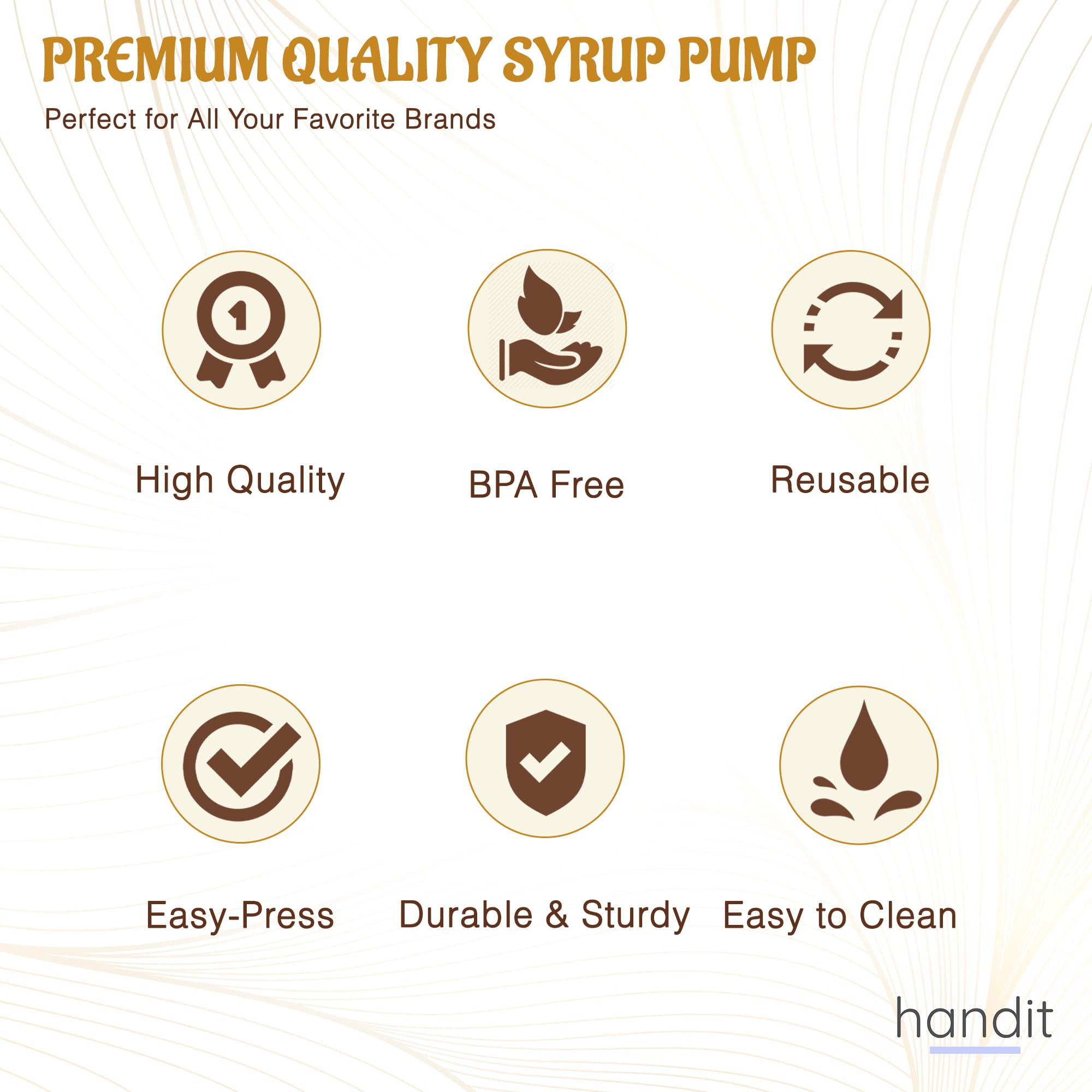 HANDIT - Gold Coffee Syrup Commercial Beverage Dispenser Pumps | Fits Liter 750ml / 25-4oz Syrups Torani, DaVinci, Jordan's Skinny (Monin 33.8oz Plastic Bottles) (6 Pack)