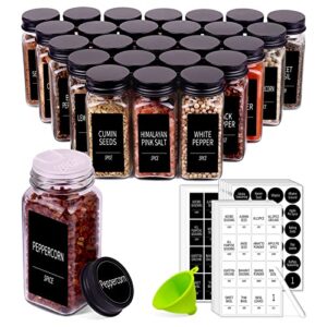 churboro 36 spice jars with 547 labels- glass spice jars with black metal caps, 4oz empty spice containers with shaker lids, funnel, chalk pen, square seasoning bottles for spice rack, drawer, cabinet