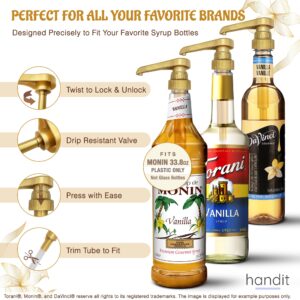 HANDIT - Gold Coffee Syrup Commercial Beverage Dispenser Pumps | Fits Liter 750ml / 25-4oz Syrups Torani, DaVinci, Jordan's Skinny (Monin 33.8oz Plastic Bottles) (6 Pack)