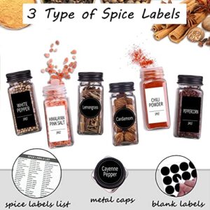 Churboro 36 Spice Jars with 547 Labels- Glass Spice Jars with Black Metal Caps, 4oz Empty Spice Containers with Shaker Lids, Funnel, Chalk Pen, Square Seasoning Bottles for Spice Rack, Drawer, Cabinet