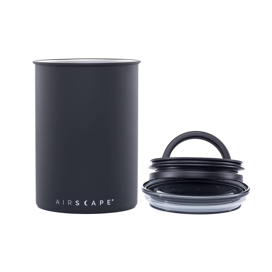 Airscape Stainless Steel Coffee Canister | Food Storage Container | Patented Airtight Lid | Push Out Excess Air Preserve Food Freshness (Medium, Matte Black)