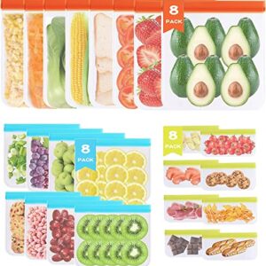 Reusable Food Storage Bags- 24 Pack Reusable Ziploc Bags (8 Reusable Gallon Bags + 8 Reusable Sandwich Bags + 8 Reusable Snack Bags)，Silicone Food Bags for Meat Fruits and Vegetables.