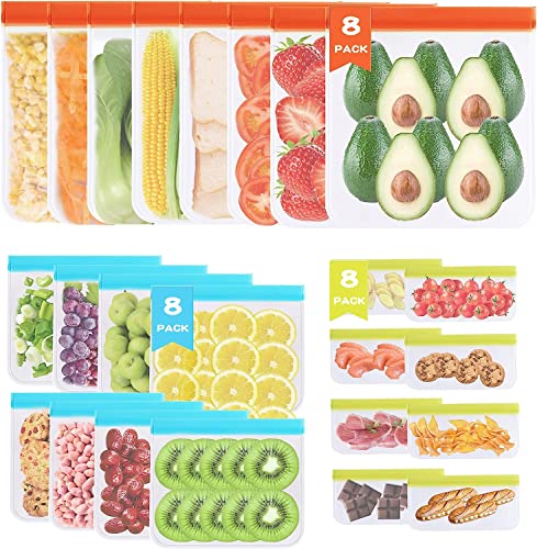 Reusable Food Storage Bags- 24 Pack Reusable Ziploc Bags (8 Reusable Gallon Bags + 8 Reusable Sandwich Bags + 8 Reusable Snack Bags)，Silicone Food Bags for Meat Fruits and Vegetables.