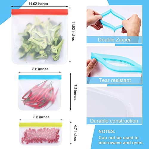 Reusable Food Storage Bags- 24 Pack Reusable Ziploc Bags (8 Reusable Gallon Bags + 8 Reusable Sandwich Bags + 8 Reusable Snack Bags)，Silicone Food Bags for Meat Fruits and Vegetables.