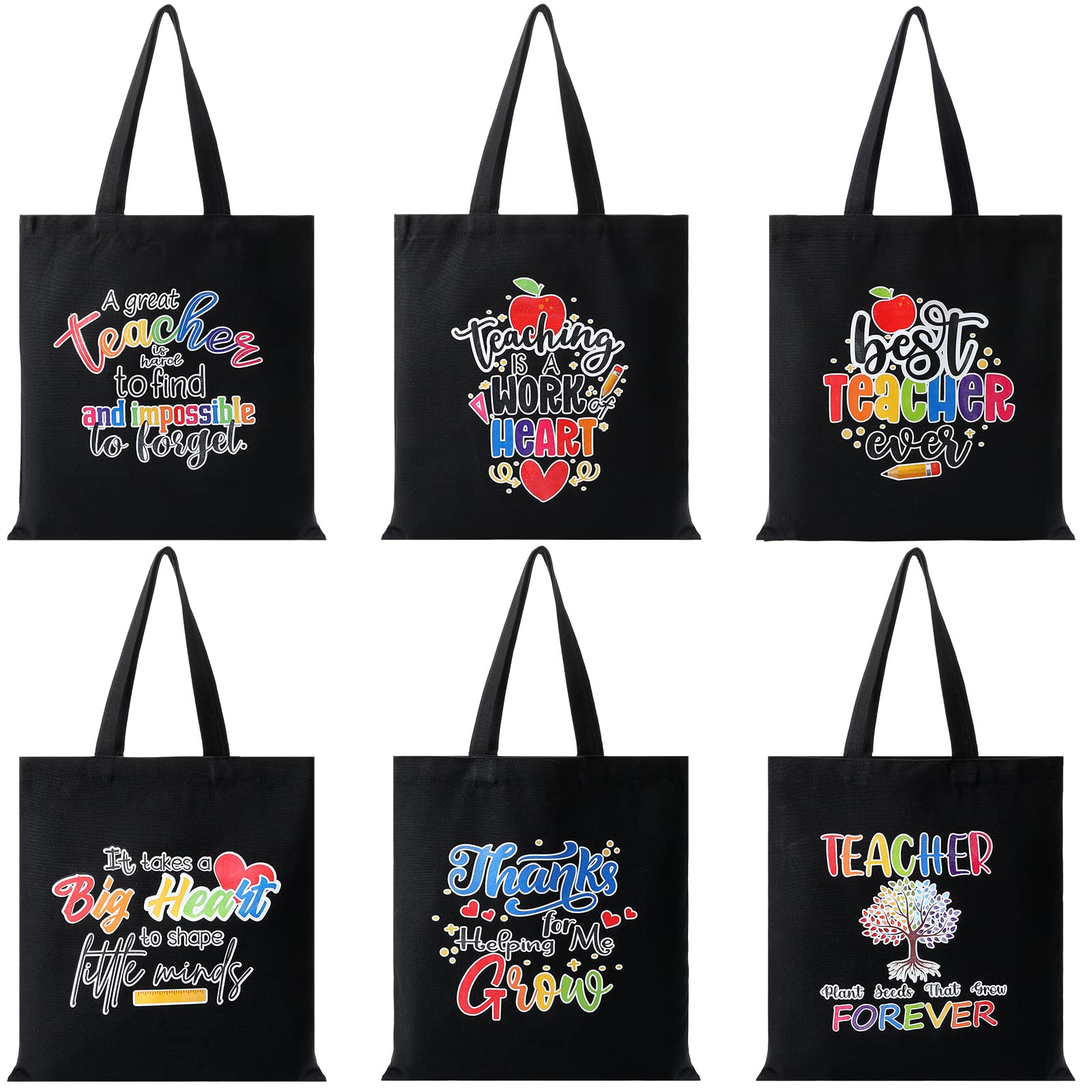 Silkfly 6 Pcs Teacher Tote Bags Teacher Appreciation Gifts in Bulk Canvas Tote for Teachers Day Christmas, Birthday and Retirement, Black