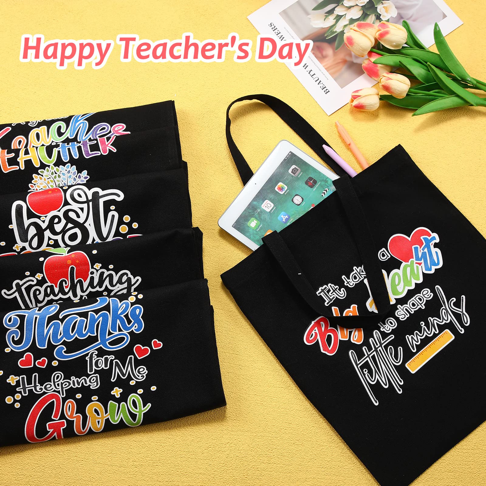 Silkfly 6 Pcs Teacher Tote Bags Teacher Appreciation Gifts in Bulk Canvas Tote for Teachers Day Christmas, Birthday and Retirement, Black