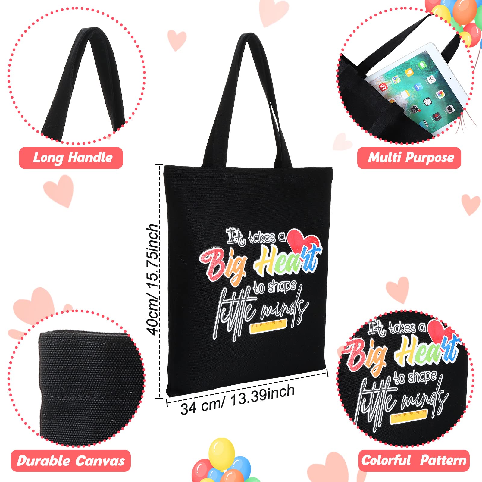 Silkfly 6 Pcs Teacher Tote Bags Teacher Appreciation Gifts in Bulk Canvas Tote for Teachers Day Christmas, Birthday and Retirement, Black