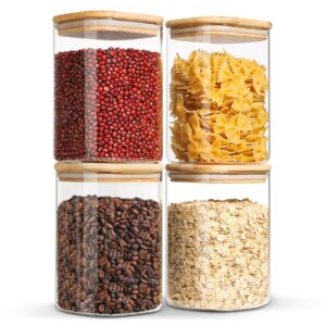 comsaf glass storage containers with lids 37fl.oz, glass jars with bamboo lids, clear food storage jar, glass canister for pantry noodles flour cereal rice sugar tea coffee beans, square set of 4
